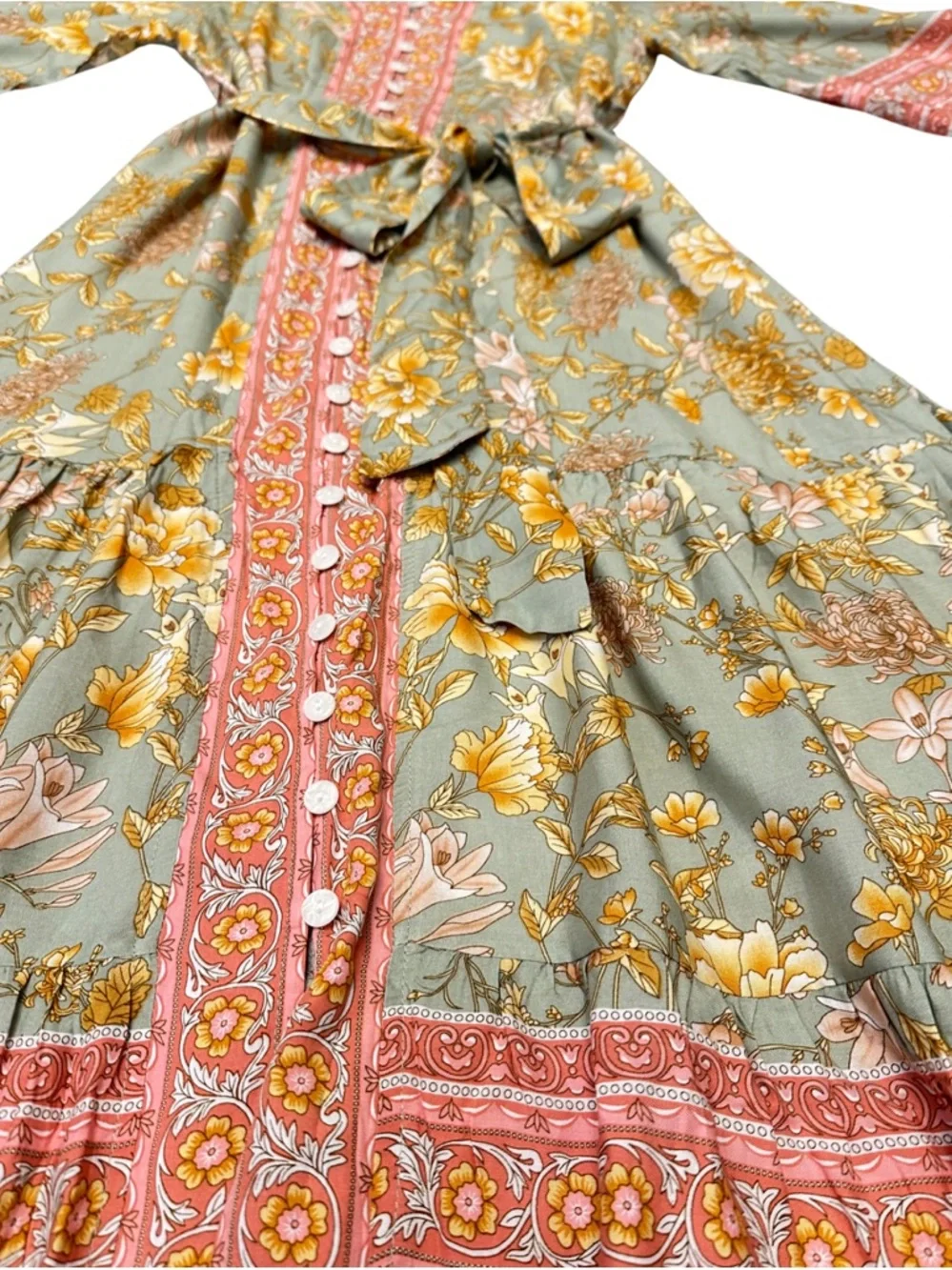 Boho Floral Midi Dress Sage Green Pink Border Print Button Front Size M NWT - Picture 12 of 15